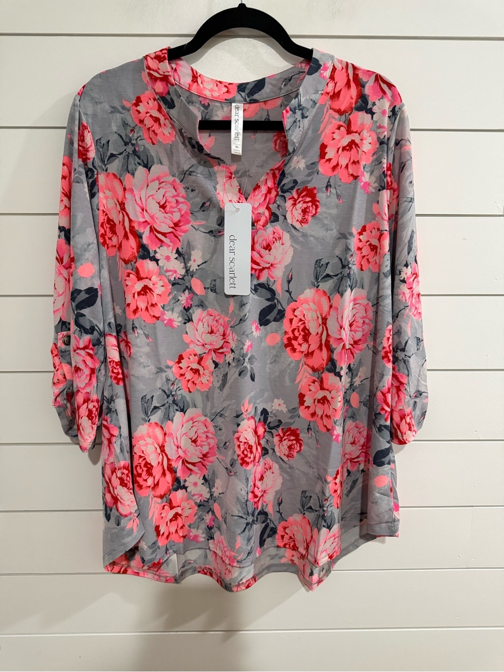 Dear Scarlett Gray Tunic with Bright Pink Floral Print